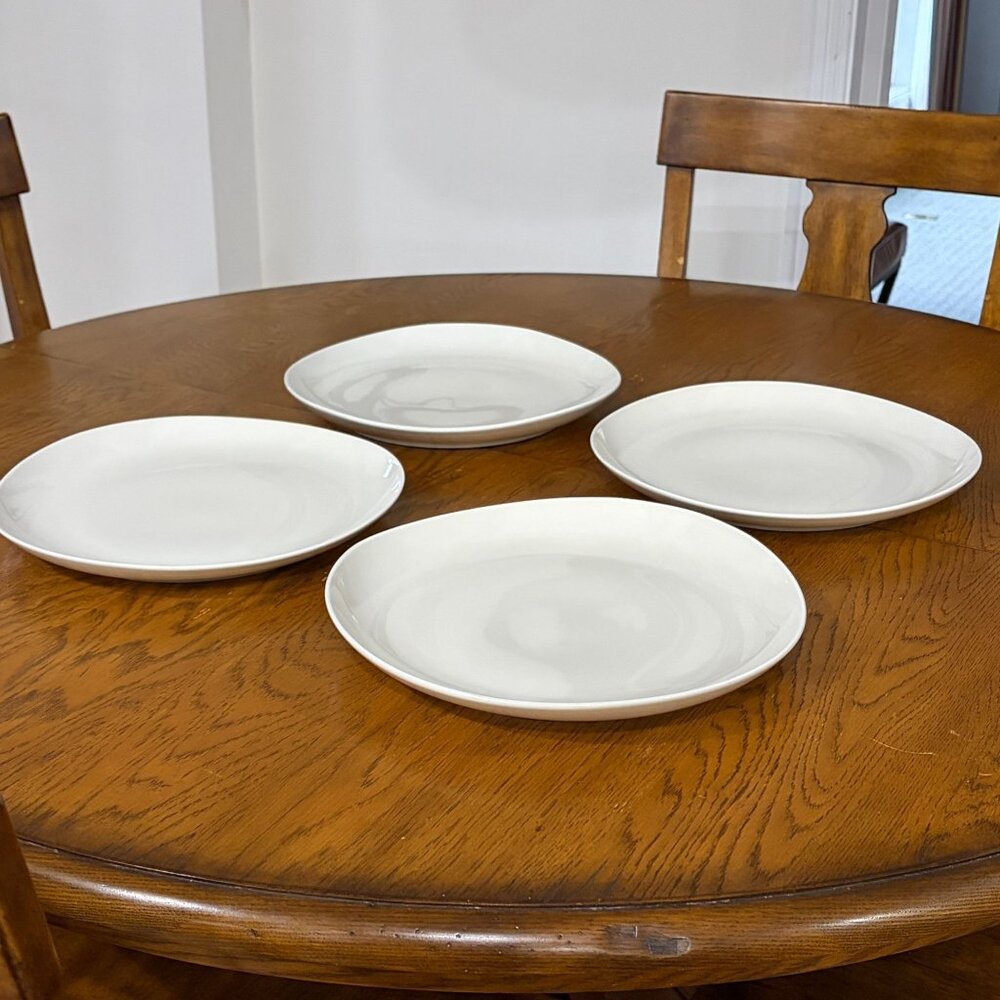 4 West Elm Organic Rim White Porcelain Dinner Plates Wave Curve Modern Minimalis - Picture 2 of 6
